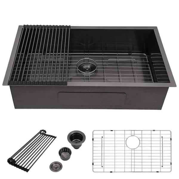 Kuomih Gunmetal Black 18 Gauge Stainless Steel 33 "W Single Bowl Undermount Kitchen Sink