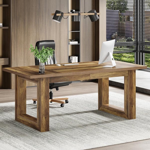 BYBLIGHT Moronia 63 in. Rectangular Brown Wooden Executive Desk, Large Home Office Desk with Solid Wood Frame for Home Office