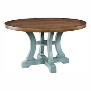 Wicks 54 in. Antique Light Blue and Dark Oak Wood Round Dining Table