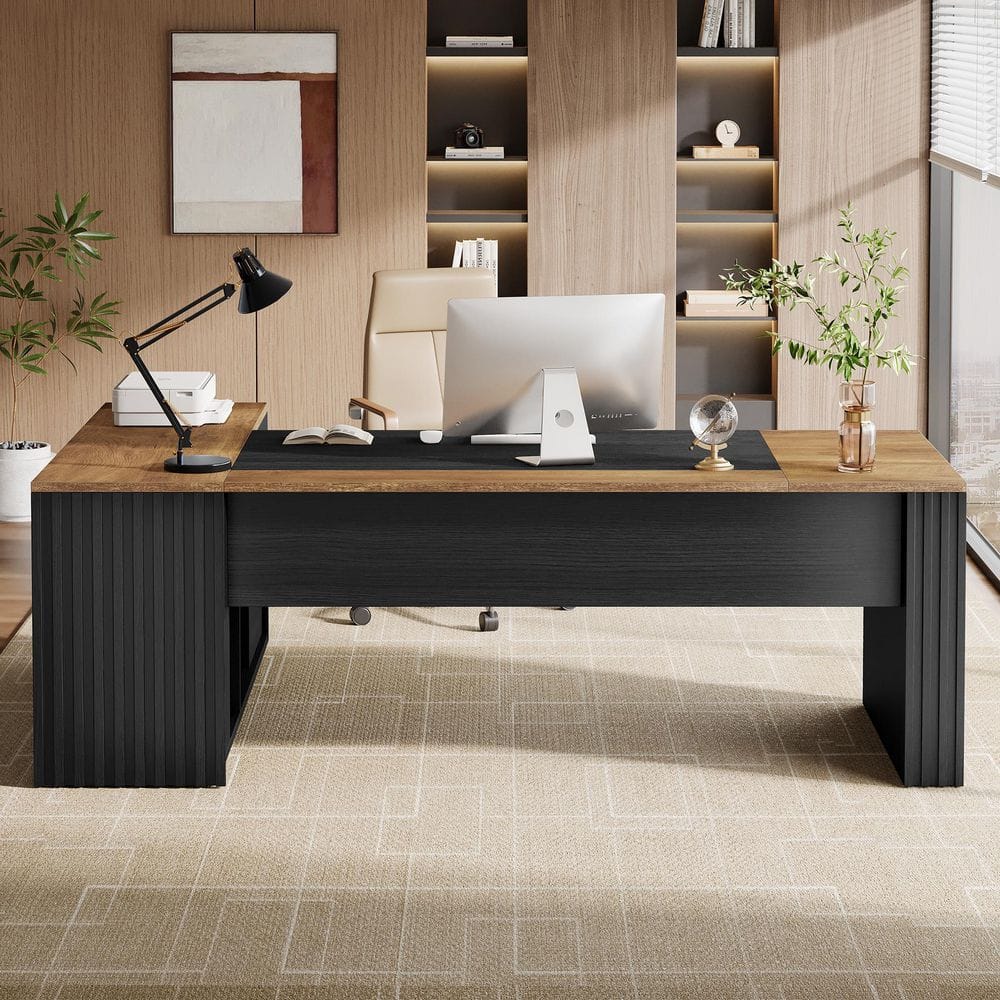78 in. L Shaped Black and Brown Executive Desk with 2 Drawers and Storage Shelves, Modern Manager Desk with File Drawers