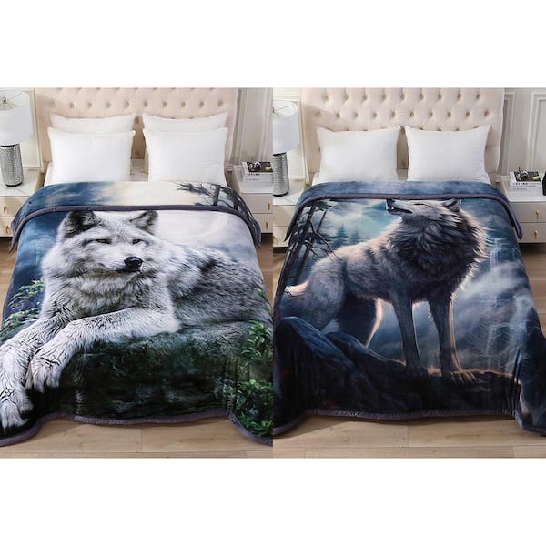 JML White Wolf 3-Ply Reversible Polyester Fleece Blanket for Winter 85 in. x 93 in. 8 lbs.