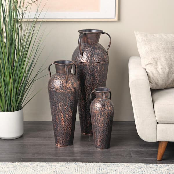 Litton Lane Copper Tall Floor Weathered Amphora Metal Decorative Vase with Hammered Details and Handles (Set of 3)