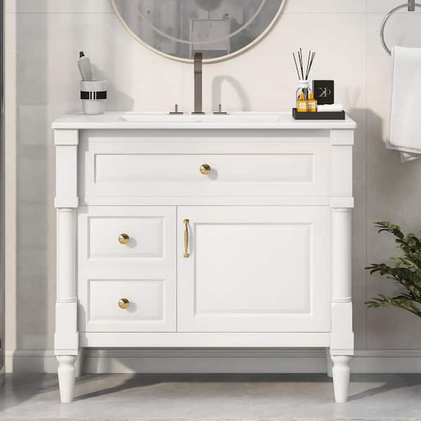 36 in. Freestanding White Solid Wood Frame Bath Vanity with White Ceramic Top, Adjustable Shelf and Metal Handles
