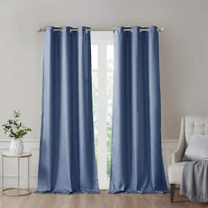 Leighton Blue Polyester 42 in. W x 95 in .L Tonal Printed Faux Silk Total Blackout Curtain (Double Panels)