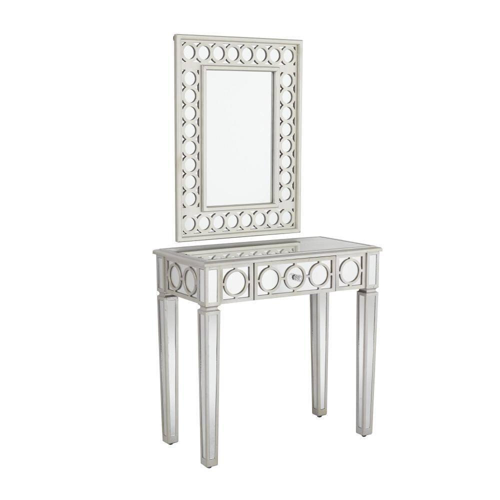 Silver Mirrored Wood and Glass Console Table with Storage