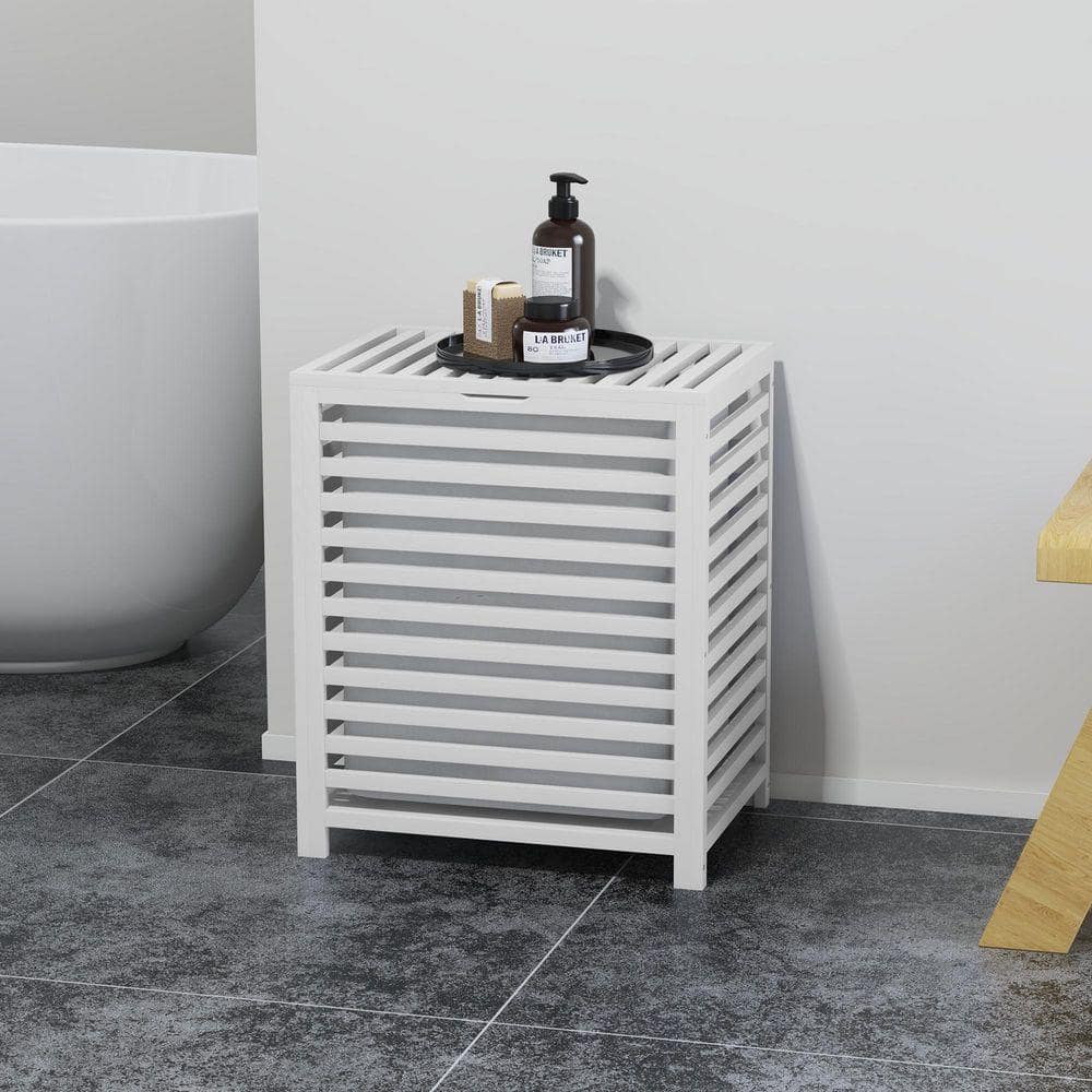 White 14 in. x 24 in. Bamboo Decorative Basket, Laundry Hamper with Lid, Removable Liner Bag, Bathroom Storage Hamper price history on PriceWatchPro