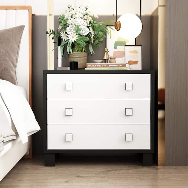 FUFU&GAGA White & Black 3-Drawers 31.5 in. Width Rectangle Wooden Nightstand, End Table, Side Table