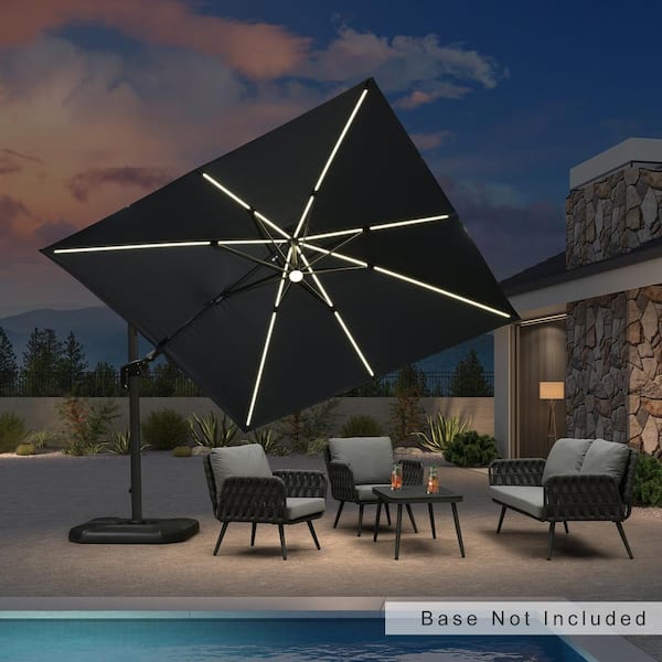 PURPLE LEAF 10 ft. Square Cantilever Umbrella Solar Powered LED Swivel Aluminum Offset 360° Rotation Umbrella in Gray