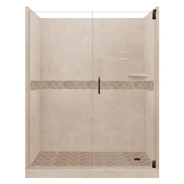 American Bath Factory Espresso Diamond Hinged 34 in. x 60 in. x 80 in. Right Drain Alcove Shower Kit in Brown Sugar and Old Bronze Hardware