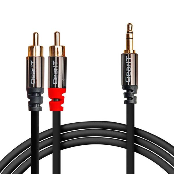 GearIt 15 ft. 3.5 mm to 2 RCA Stereo Audio Cable with Step Down Design - Black (2-Pack)