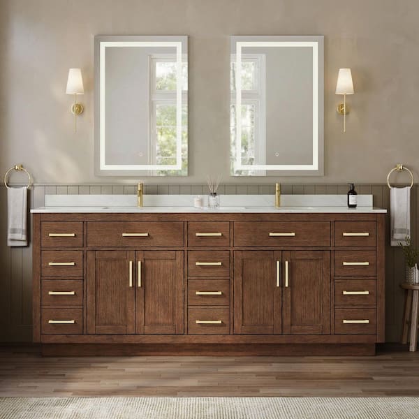 Beckett TK 84 in. Double Freestanding Dark Oak with Brushed Gold Trim Bath Vanity with Giotto Quartz Top