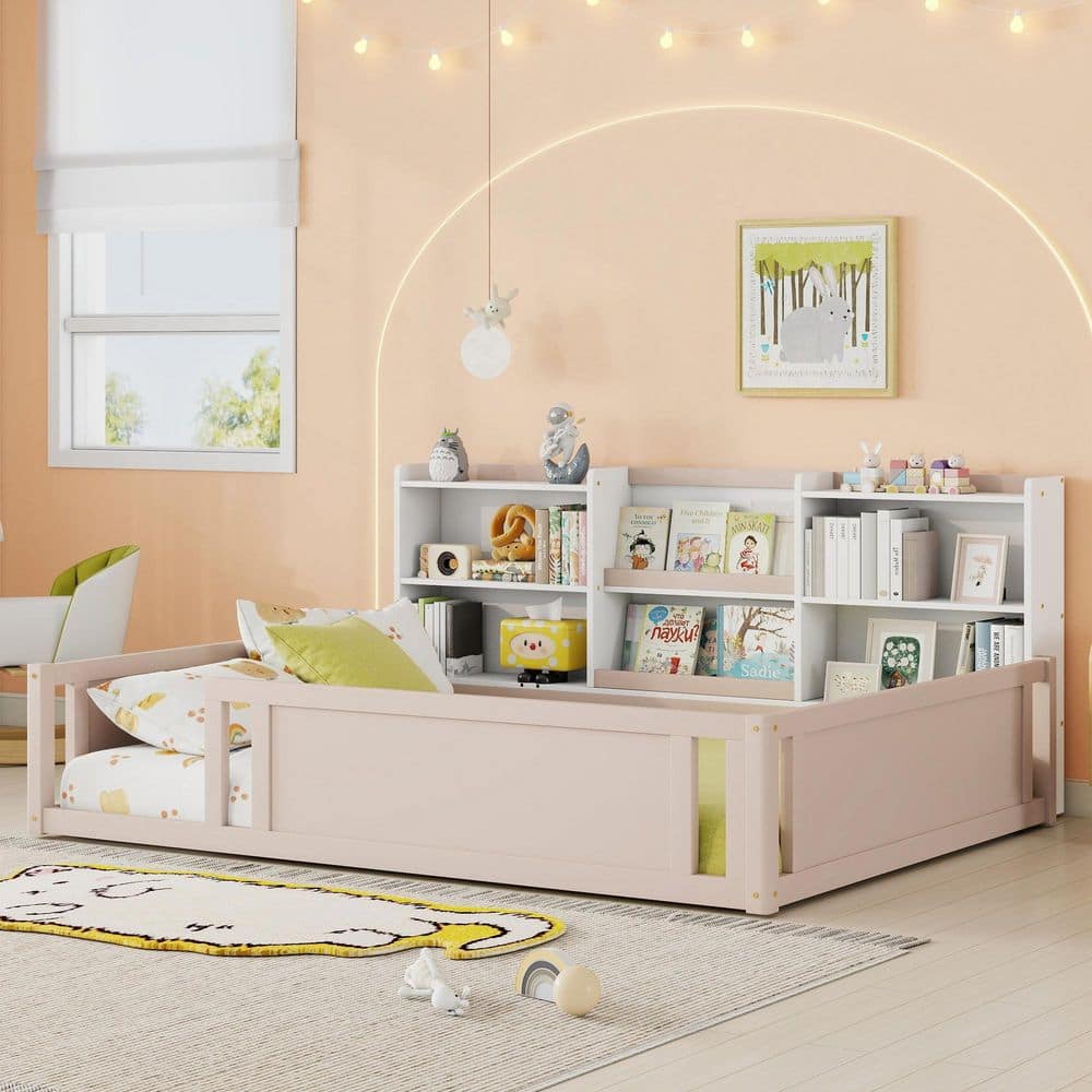 White Pine Wood Frame Full Size Platform Bed with Guardrail Fence and Convenient Side Storage Shelves price history on PriceWatchPro