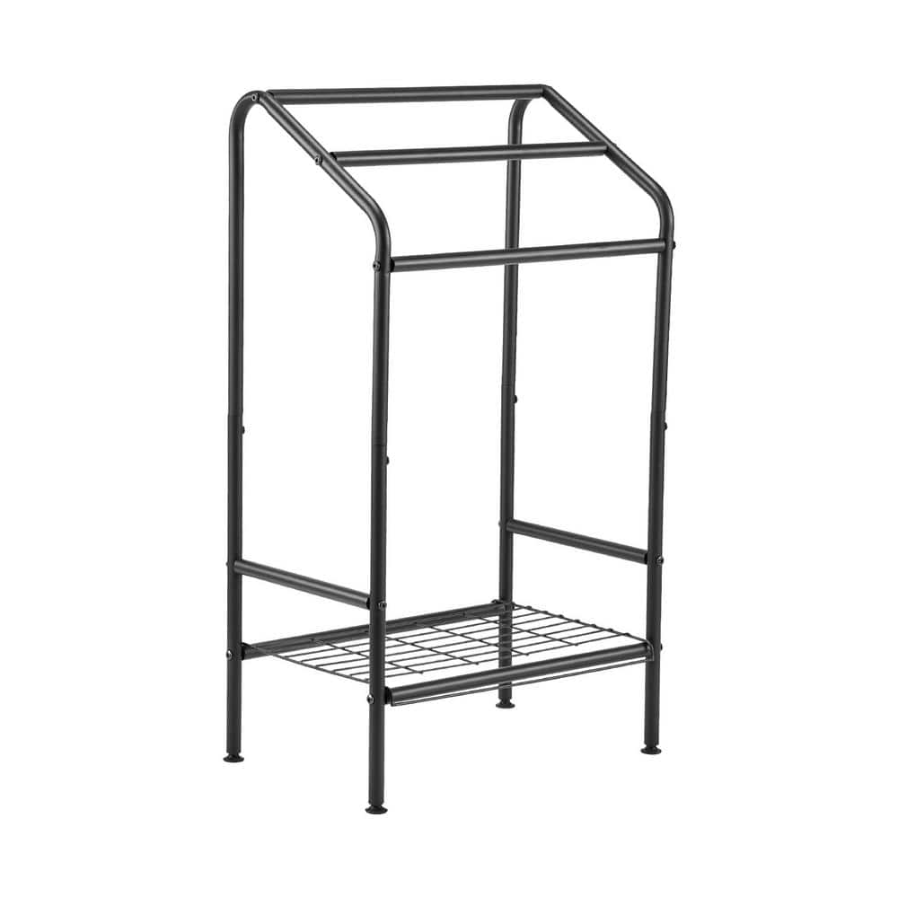 Black Metal Freestanding Triple Towel Rack with Shelf