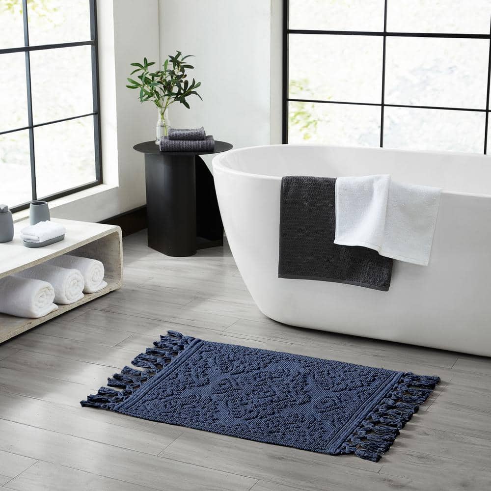 Indigo Cotton Fringe Geometric Bath Rug 21" x 41"