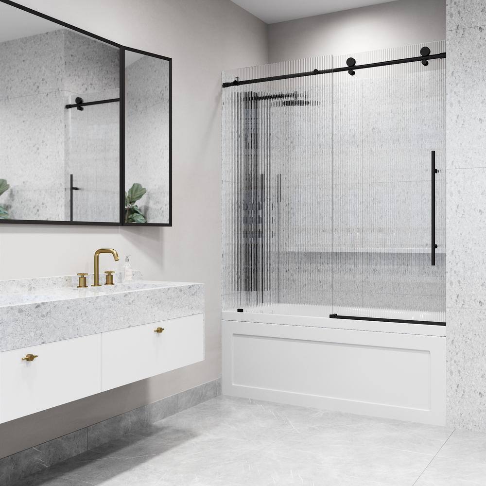 Elan E-Class 60" Matte Black Frameless Sliding Tub Door with Fluted Glass