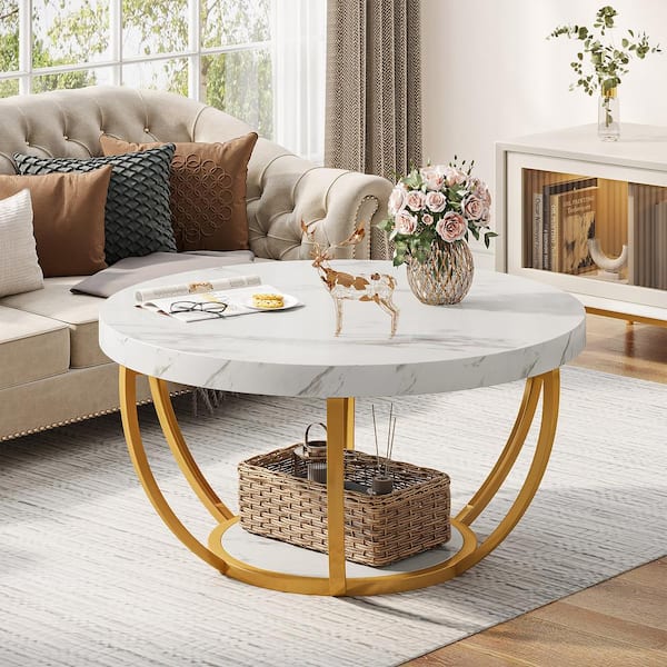 Inaayah 31.7 in. White Gold Small Round MDF Coffee Table with Storage, Modern Center Table for Living Room