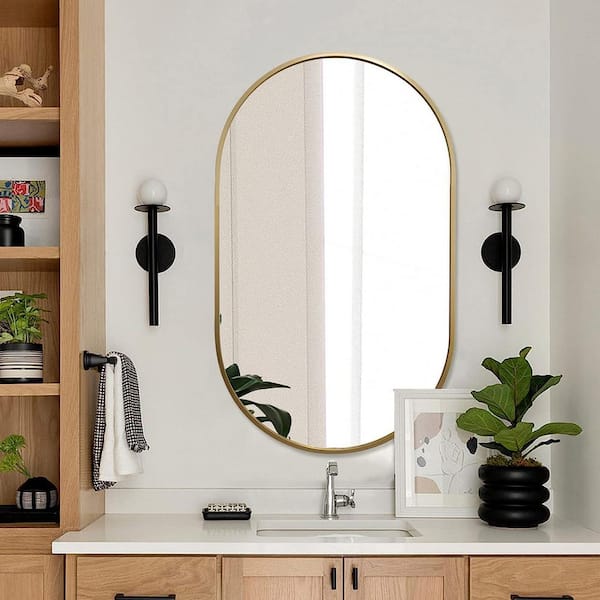 20 in. W x 28 in. H Gold Oval Wall Mirror with Aluminum Frame-Shatterproof HD Glass for Modern Home Decor