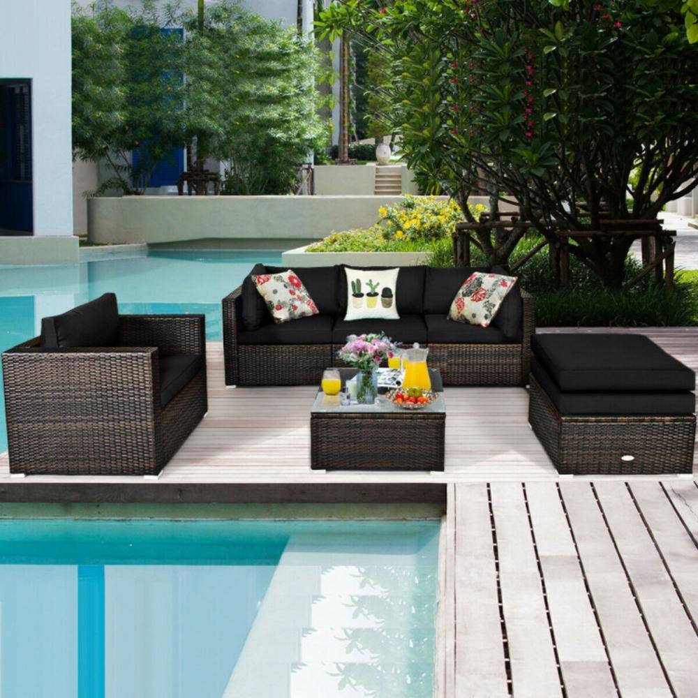6-Piece Black Rattan Outdoor Patio Furniture Set with Cushions