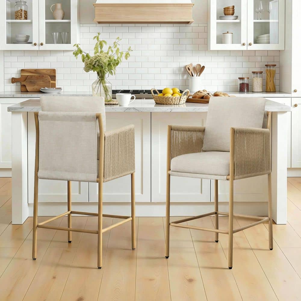 Brisa 26.4 in. Linen Fabric Woven Rope Counter Height Bar Stool with Metal Frame and Foot Rest for Diningroom(Set of 2) price history on PriceWatchPro