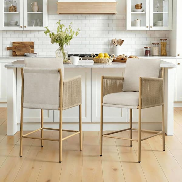 Brisa 39.4 in. Linen Fabric Woven Rope Counter Height Bar Stool with Metal Frame and Foot Rest for Diningroom(Set of 2)