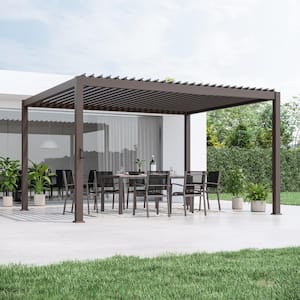 Titan Series 12 ft. x 14 ft. Brown LED Aluminized Steel Louvered Pergola Modern Outdoor Pergola with Adjustable Roof