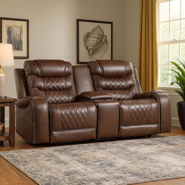 77.5 in. Flared Arm Faux Leather Rectangle Power Loveseat Recliner Sofa in Brown