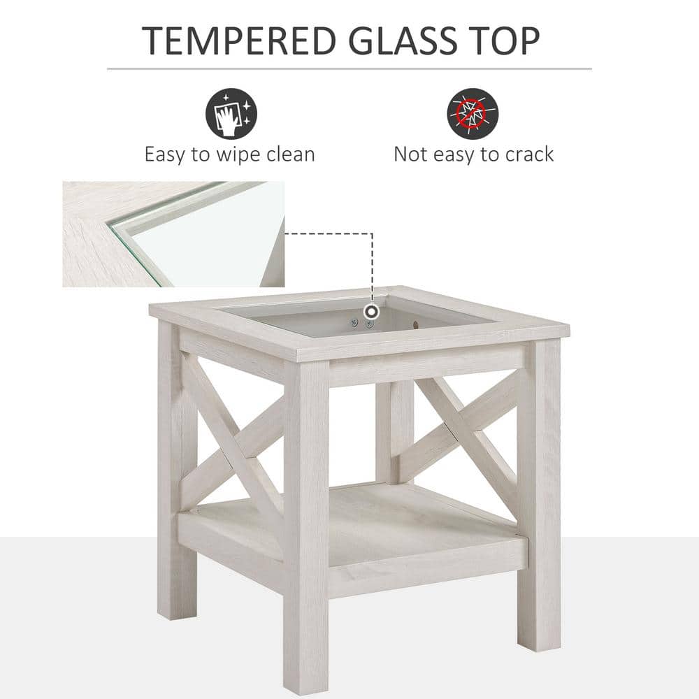 White Oak Wood and Glass End Table with Storage Shelf