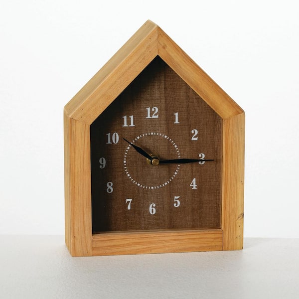 SULLIVANS 8.5 in. Brown Wooden House Shaped Tabletop Analog Clock