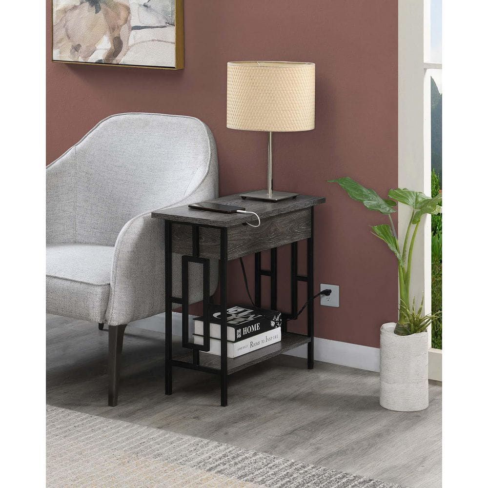 Weathered Gray and Black Wood-Metal End Table with Charging Station