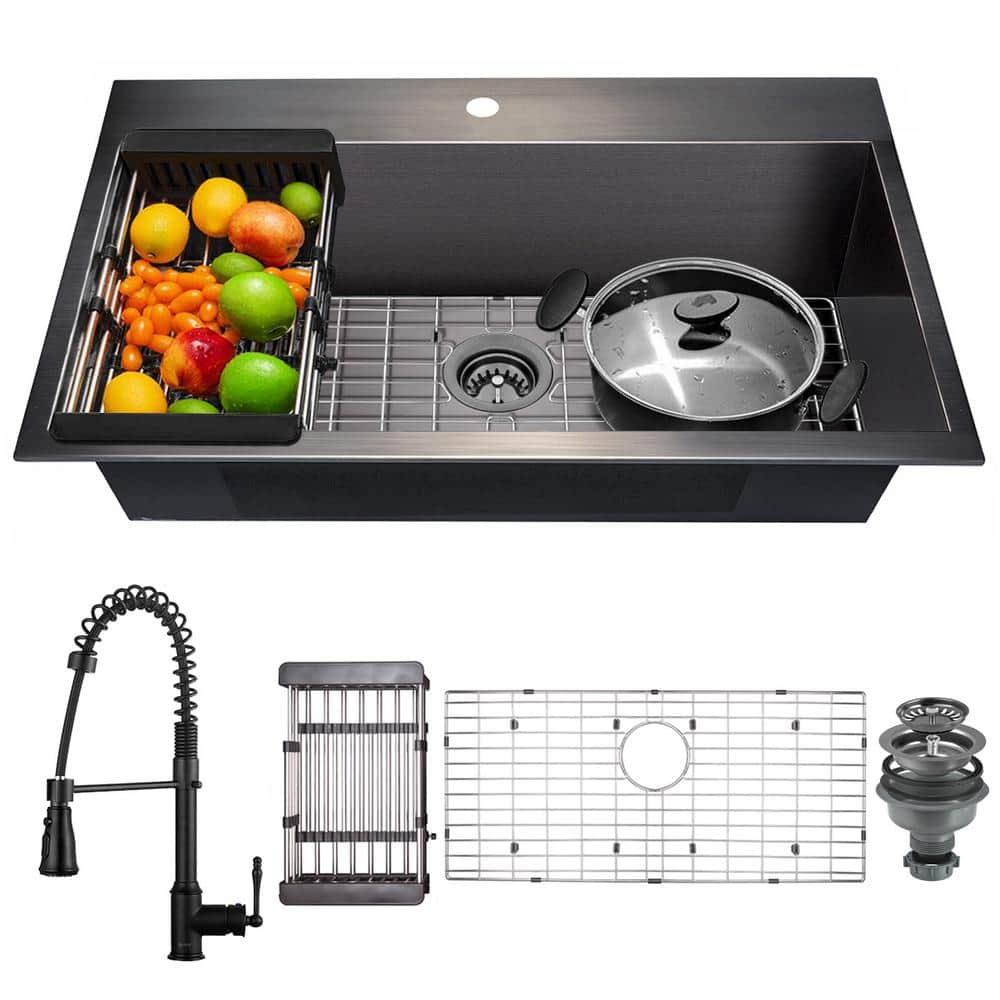 AKDY All-in-One Matte Black Finished Stainless Steel 33 in. x 22 in.  Drop-In Single Bowl Kitchen Sink with Spring Neck Faucet KS0520-KF12 - The  Home