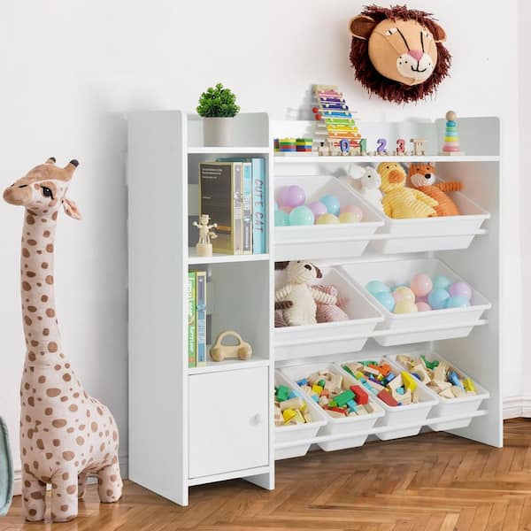 White Wood Kids Storage Cabinet with 8 White Plastic Bins