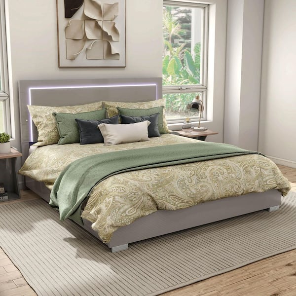 Mesala Taupe Gray Wood Frame Eastern King Panel Bed with LED on Headboard