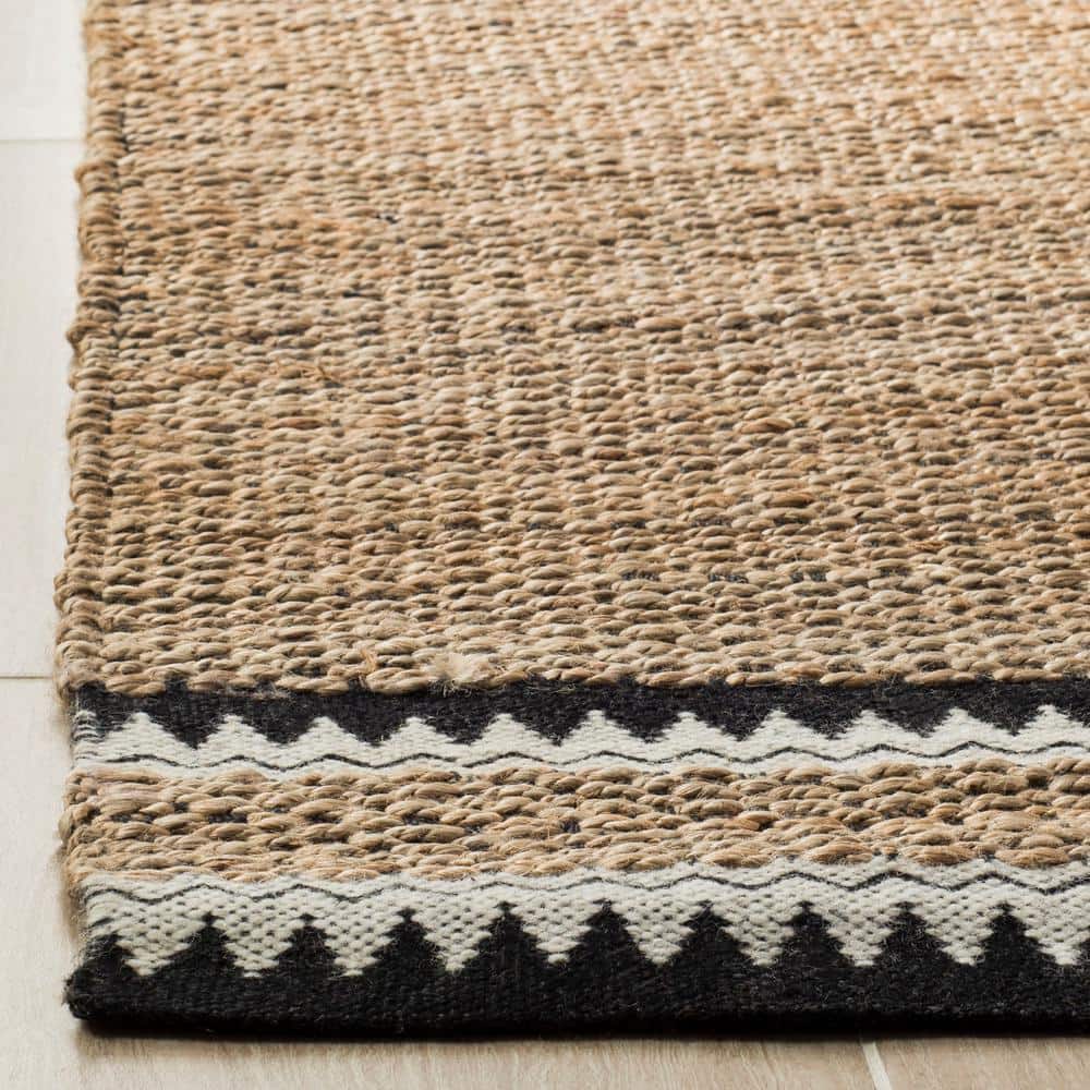 Natural Black Geometric Wool and Jute Square Rug