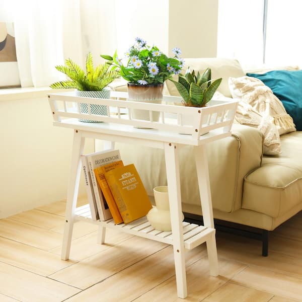 AESOME 2-Tier White Plant Stand 27.7 in. Tall Rectangular Modern