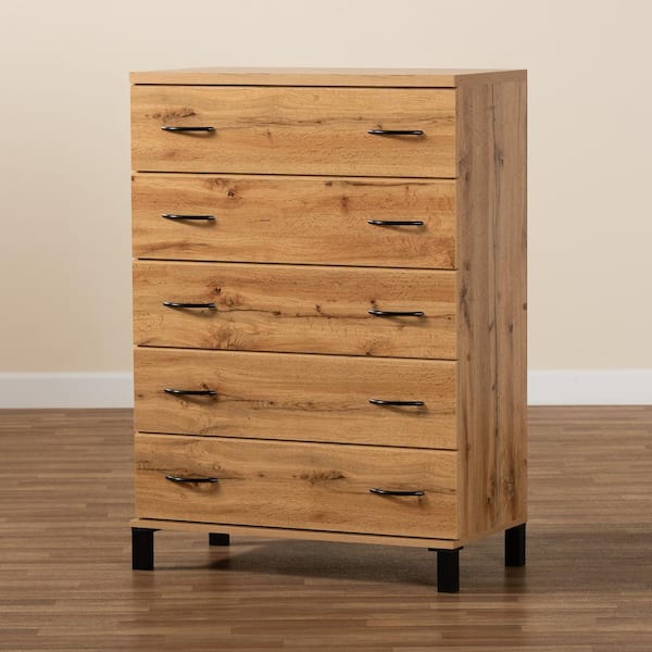 Baxton Studio Maison 5 Drawer Oak Brown Chest of Drawers 44.27 in