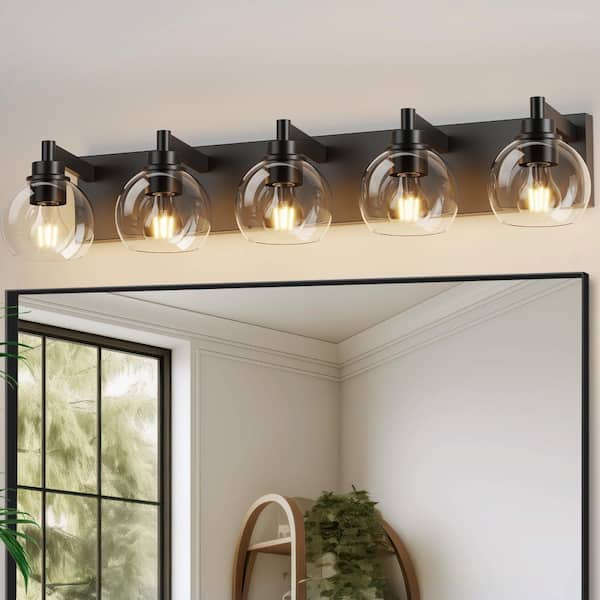 34 in. 5-Light Modern Black Bathroom Vanity Light Fixtures Over Mirror with Clear Glass Shades, E26 Base
