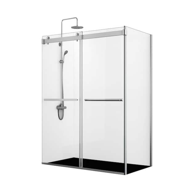 ROSWELL 56 in. W x 76 in. H Rectangle Double Sliding Semi Frameless Corner Shower Enclosure in Polished Chrome with Clear Glass