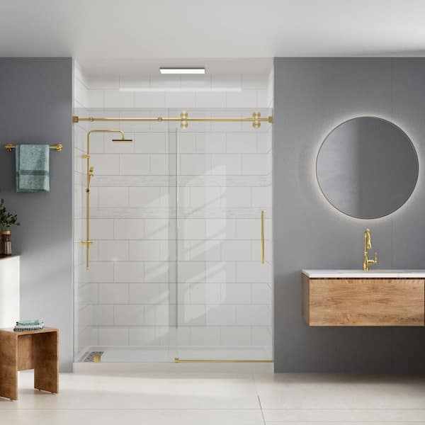 32 in. L x 60 in. W x 78 in. H Alcove Shower Stall/Kit with Sliding Door in Brushed Gold with Center Drain