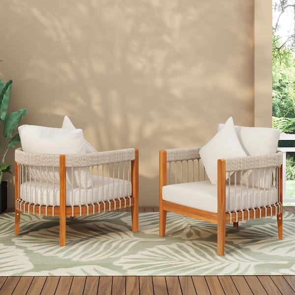 Natural Acacia Wood Outdoor Patio Lounge Chair with Handwoven Rope Accents & Beige Cushion (2-Pack)