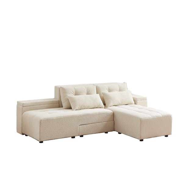 Brannix 94 in. Upholstered Corduroy 3-in-1 Convertible Modern Sectional Sofa in. Beige with Storage, Pillows, Tufted