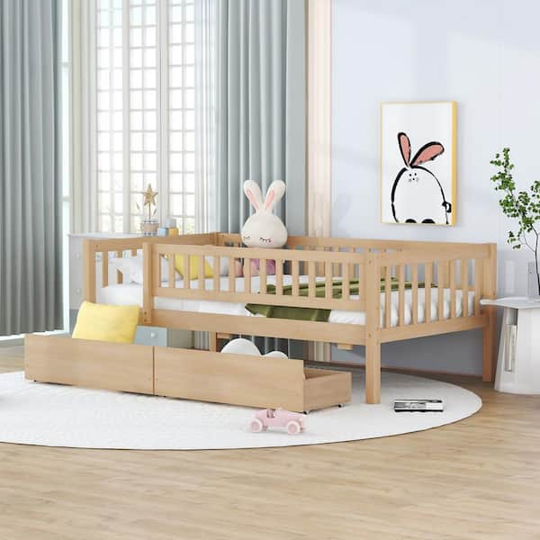 Harper & Bright Designs Natural Twin Size Wood Platform Bed with Full-Length Guardrail and 2-Drawers