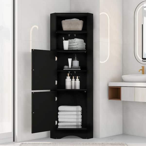 Virubi Freestanding 14.96 in. W x 14.96 in. D x 61 in. H Black Linen Cabinet with Doors and Adjustable Shelves