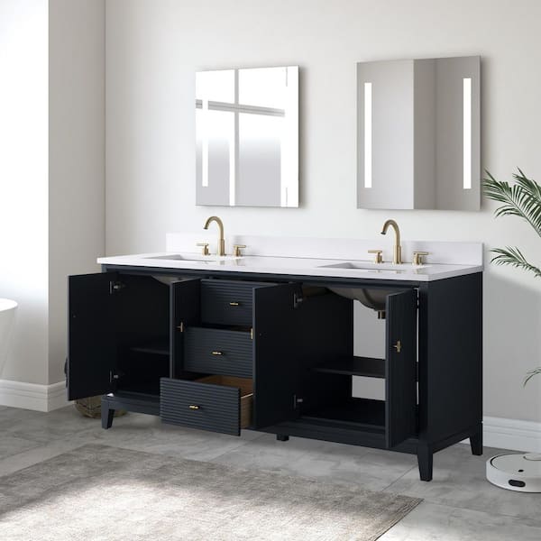 72 in. W x 34 in. H Double Sink Vintage Spruce Blue Bath Vanity Cabinet with Arabescato White Engineered Marble Top