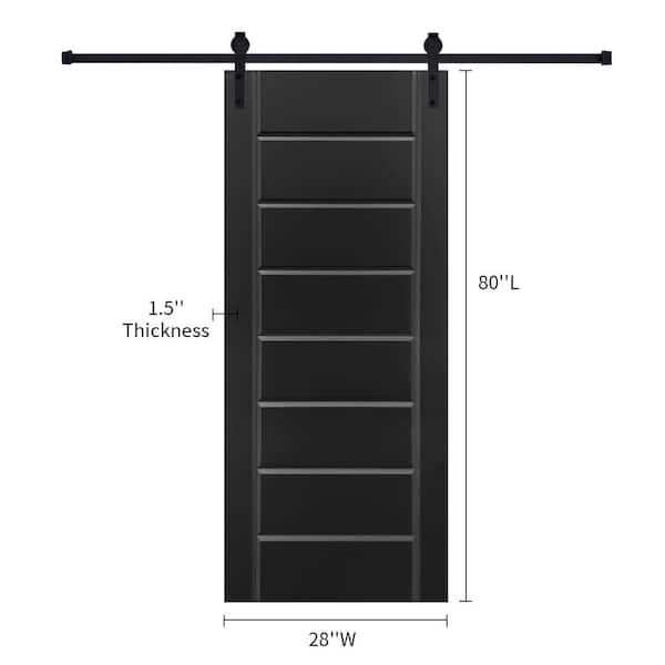 Modern Eight Panel 28 in. x 80 in. MDF Black Barn Sliding Door With Hardware kit