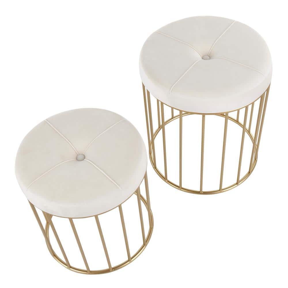 White Tufted Velvet and Gold Metal Nesting Ottomans