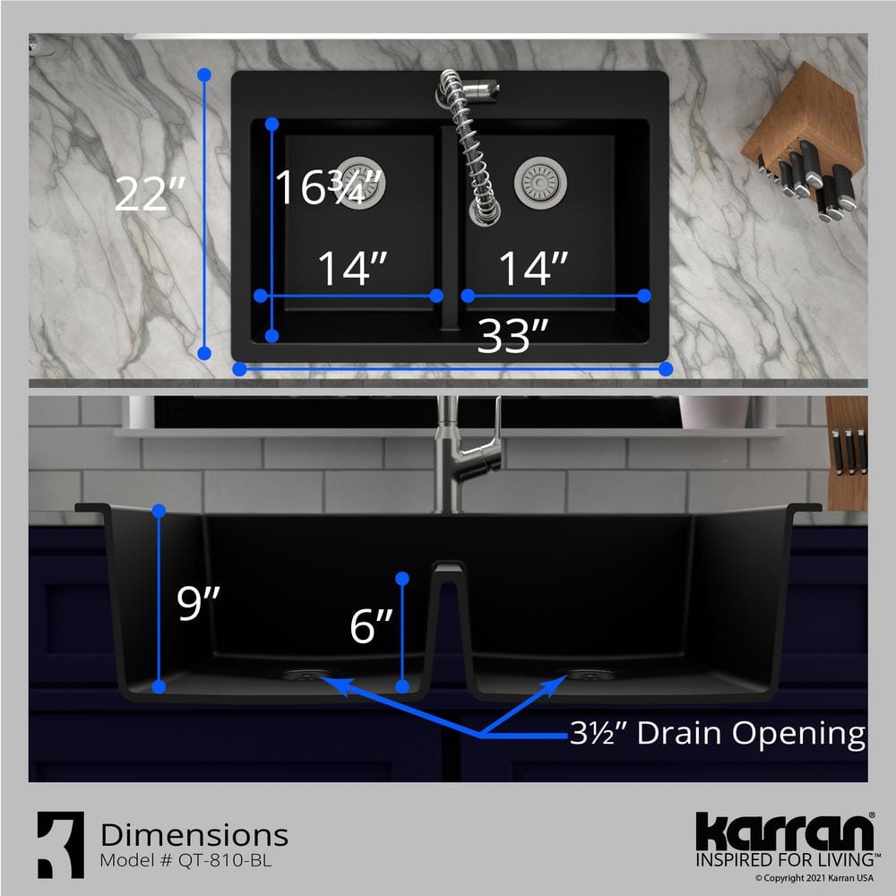 Black Quartz Double Bowl Top Mount Kitchen Sink
