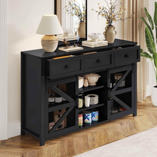 Black Particle Board Wood Buffet with 3 Drawers, Adjustable Shelves and Aluminum Handles