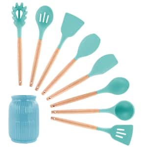 Light Teal Silicone and Wood Cooking Utensils (Set of 9)