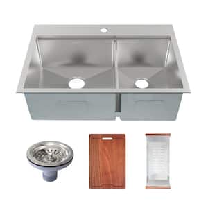 Ravi Stainless Steel 33 in. Double Bowl Drop-In Workstation Kitchen Sink with Accessories