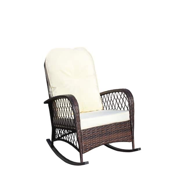 Wicker Outdoor Rocking Chair with Wide Seat, Thick, Soft Cushion, Rattan Rocker w/Steel Frame